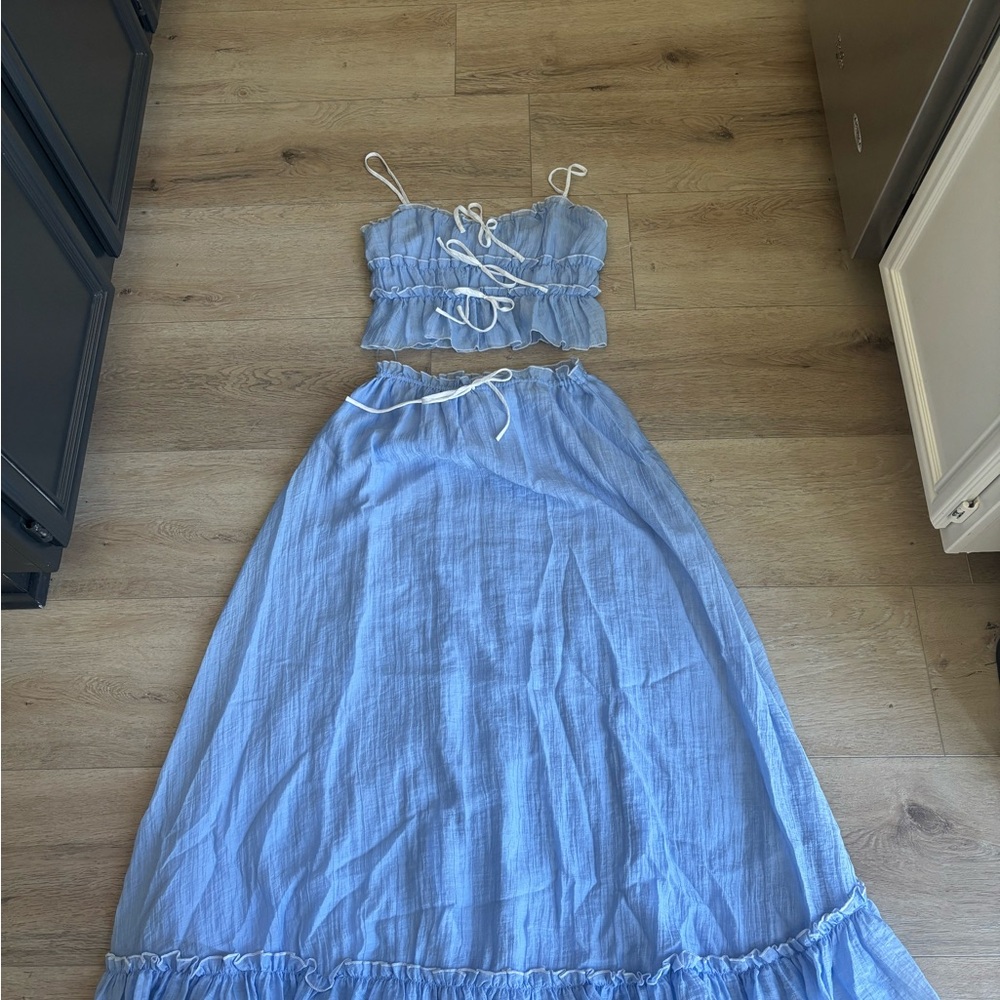 Light Blue Two-Piece Cotton Set - Crop Top & Maxi Skirt
